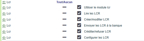 Droits du module pr&eacute;l&egrave;vement LCR DoliPlus