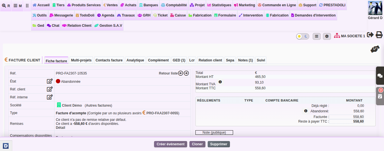 facture d&rsquo;acompte dans DoliPlus : fiche facture et conversion en r&eacute;duction