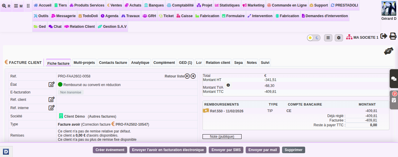 facture d’avoir dans DoliPlus : correction d’une facture initiale
