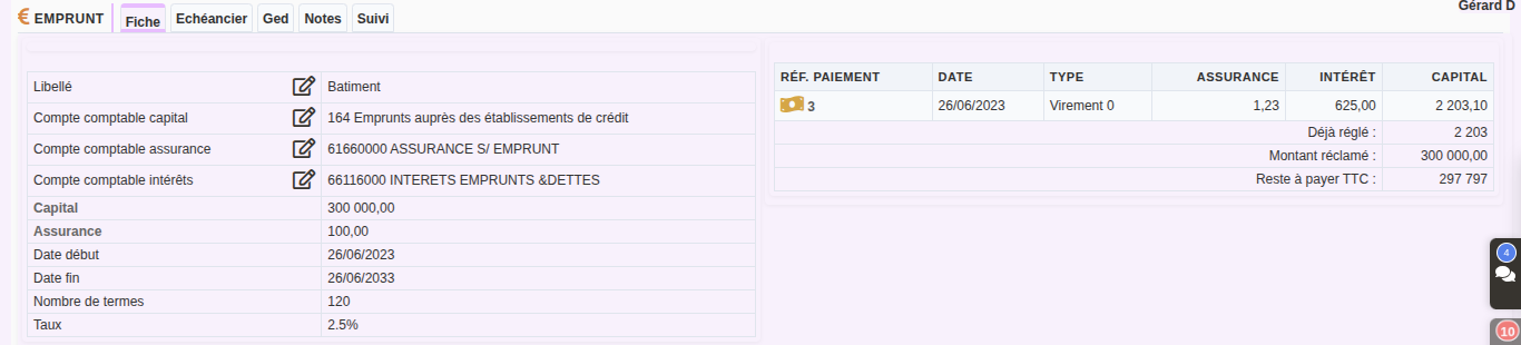 Gestion des emprunts dans DoliPlus : fiche d'un emprunt avec capital, taux et échéancier