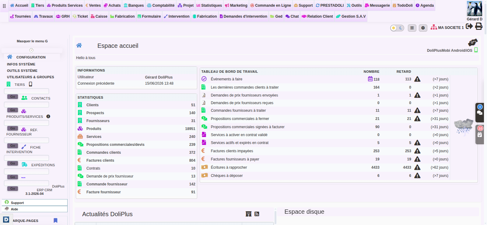 Logiciel de gestion et de pré-comptabilité DoliPlus : tableau de bord et widgets factures