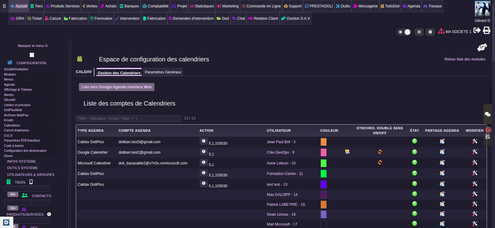 Configuration de l’agenda partagé en ligne : comptes de calendriers DoliPlus