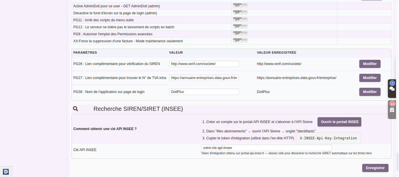 Recherche SIREN SIRET dans DoliPlus : section de configuration de la clé API INSEE