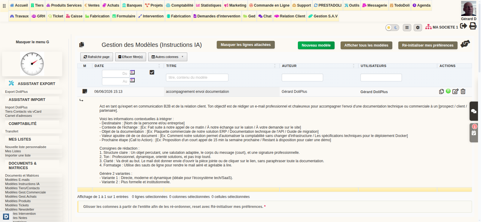 Rédiger un email avec l'IA : page Modèles Instructions IA dans DoliPlus
