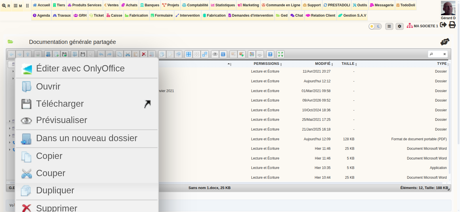 éditer ses documents dans DoliPlus : menu OnlyOffice de la GED